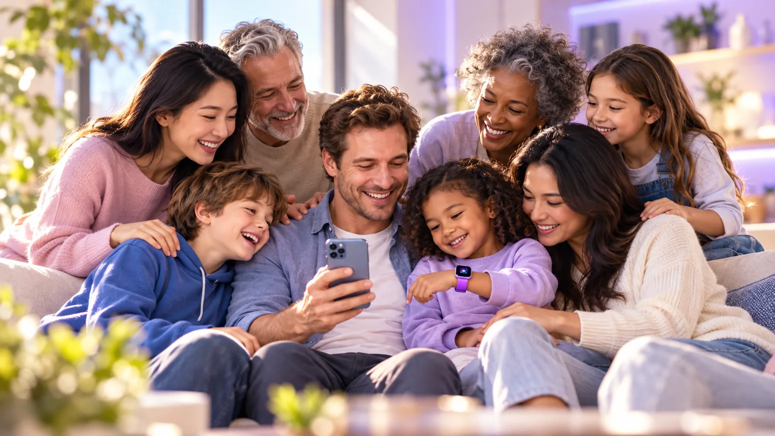 A diverse family together at home using a smartphone while a child wears a smartwatch