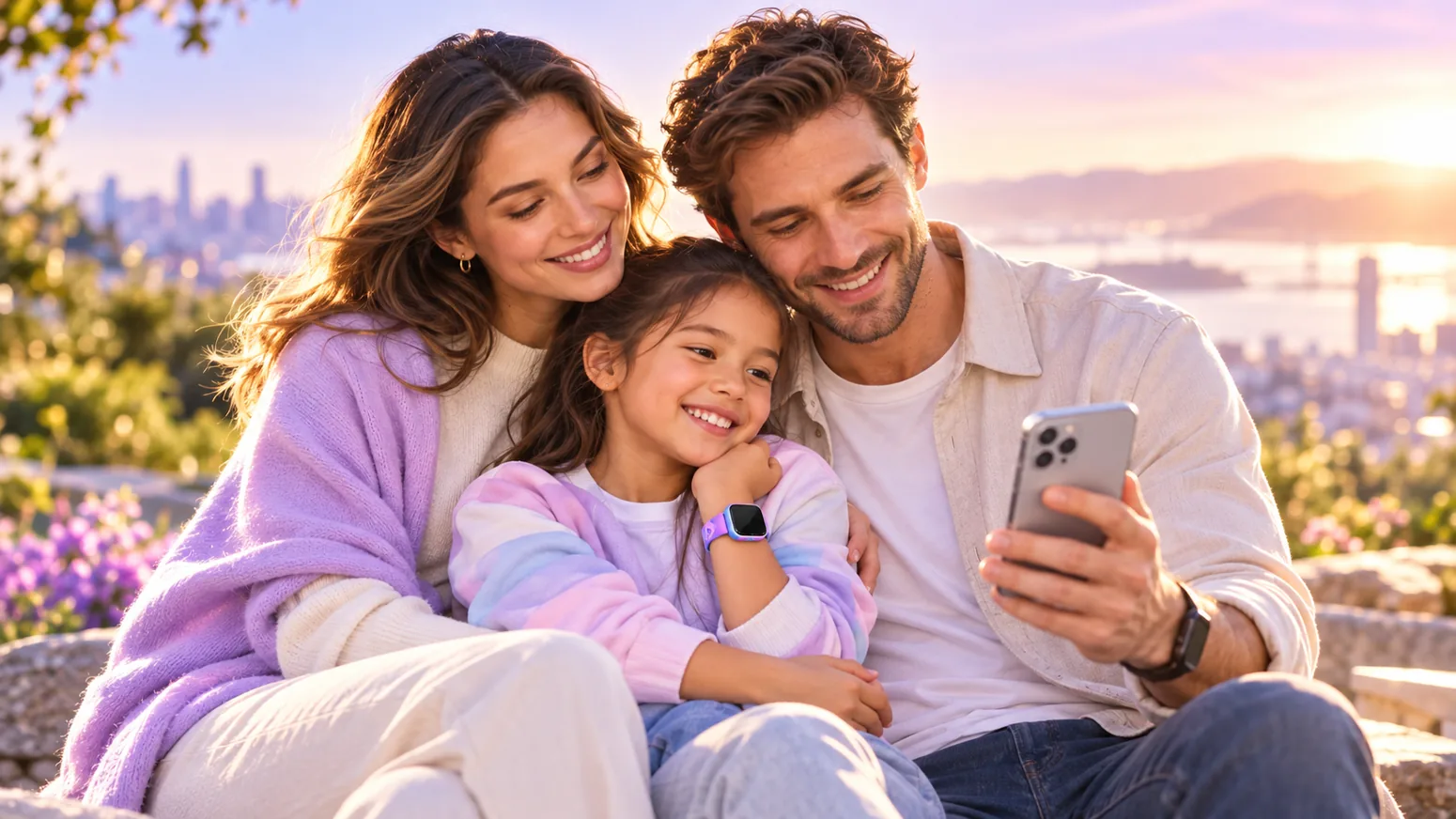 A diverse family together at home using a smartphone while a child wears a smartwatch