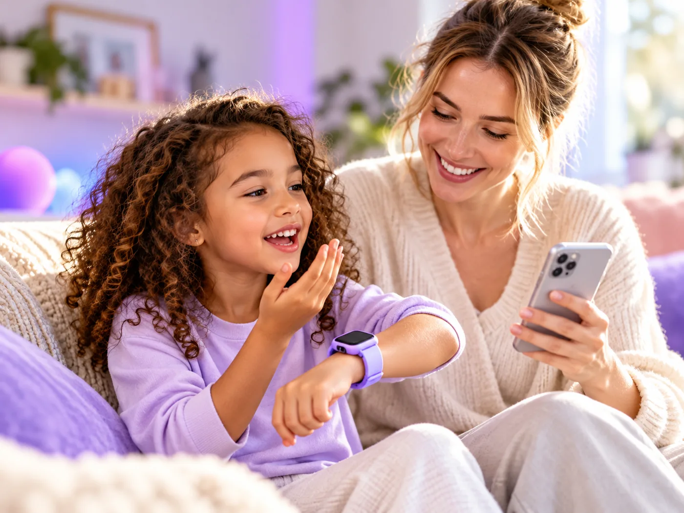 A diverse family together at home using a smartphone while a child wears a smartwatch