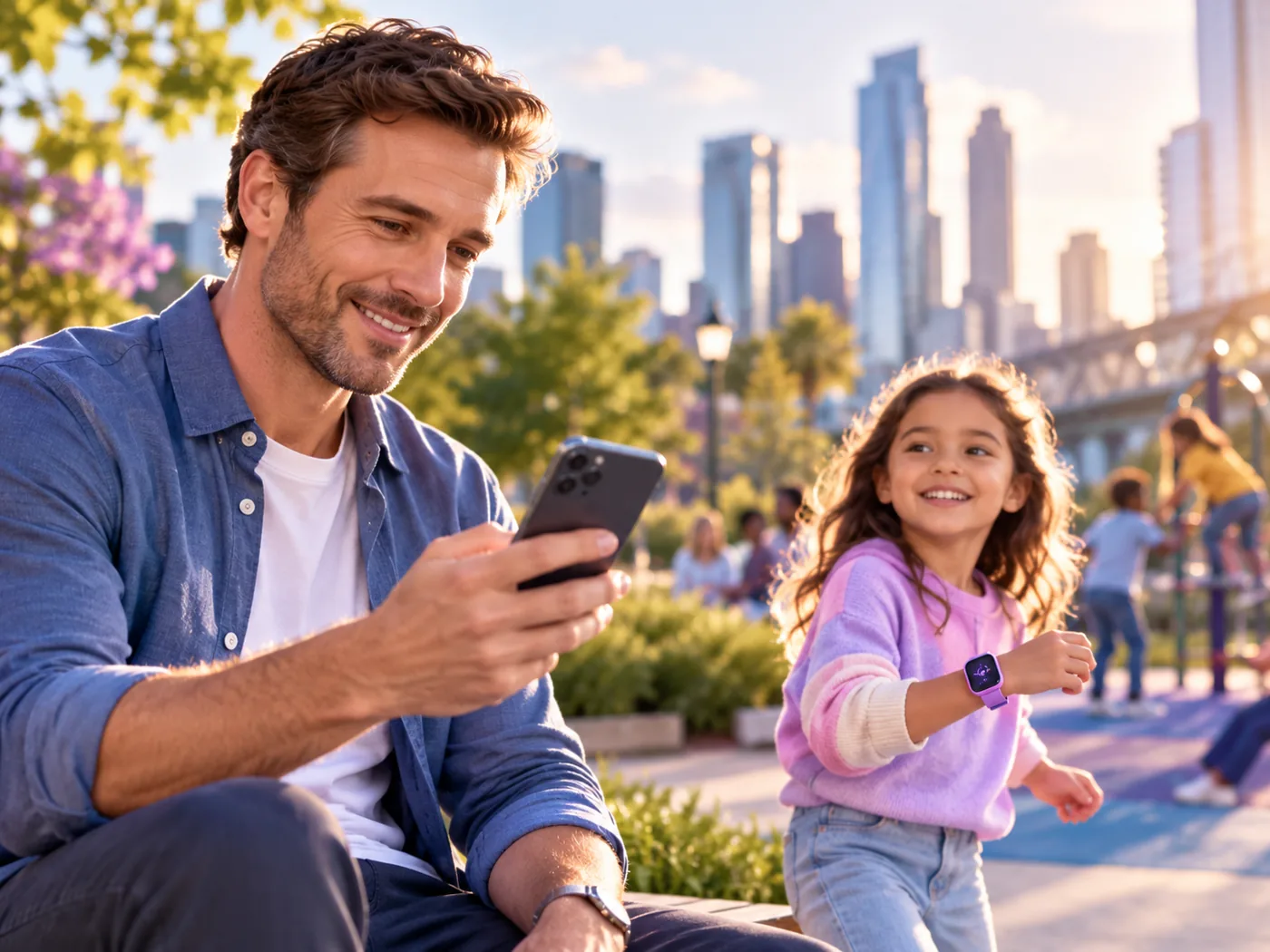 A diverse family together at home using a smartphone while a child wears a smartwatch
